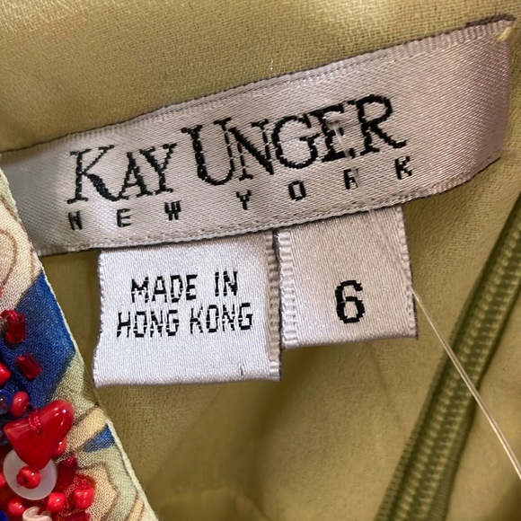 Kay Unger size 6 SILK Blue and Tan Ruched A-Line Midi dress - NWT but FLAWED - Picture 2 of 16